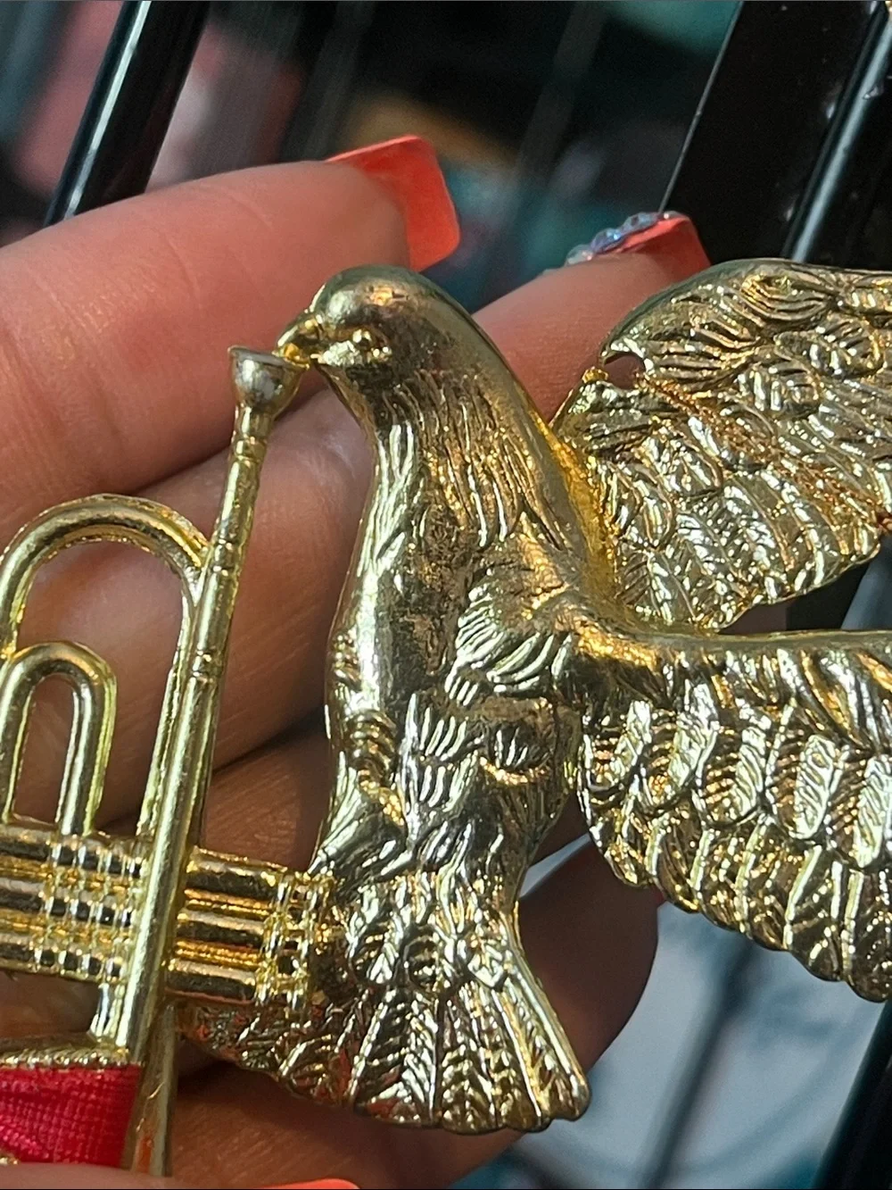 Vintage Gold Flying Dove with Trumpet Holiday Ornament with Red Bow